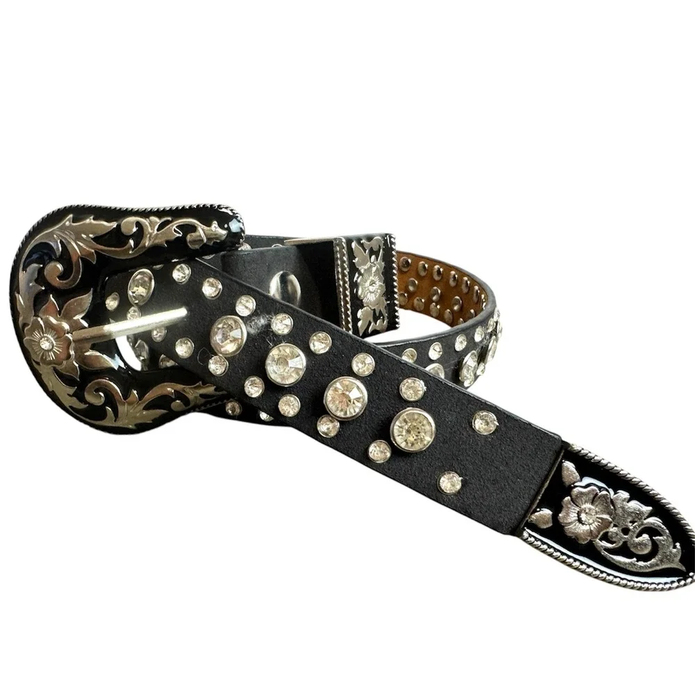 Genuine Black Leather Rhinestone Studded Bling Western Belt Buckle 36